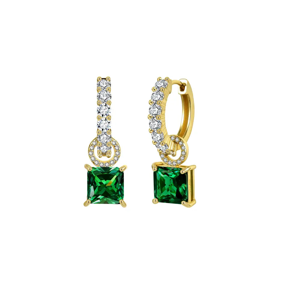 14K Gold interchangeable hoops styled with the emerald-green AAAAA zirconia drops for a vibrant botanical look.