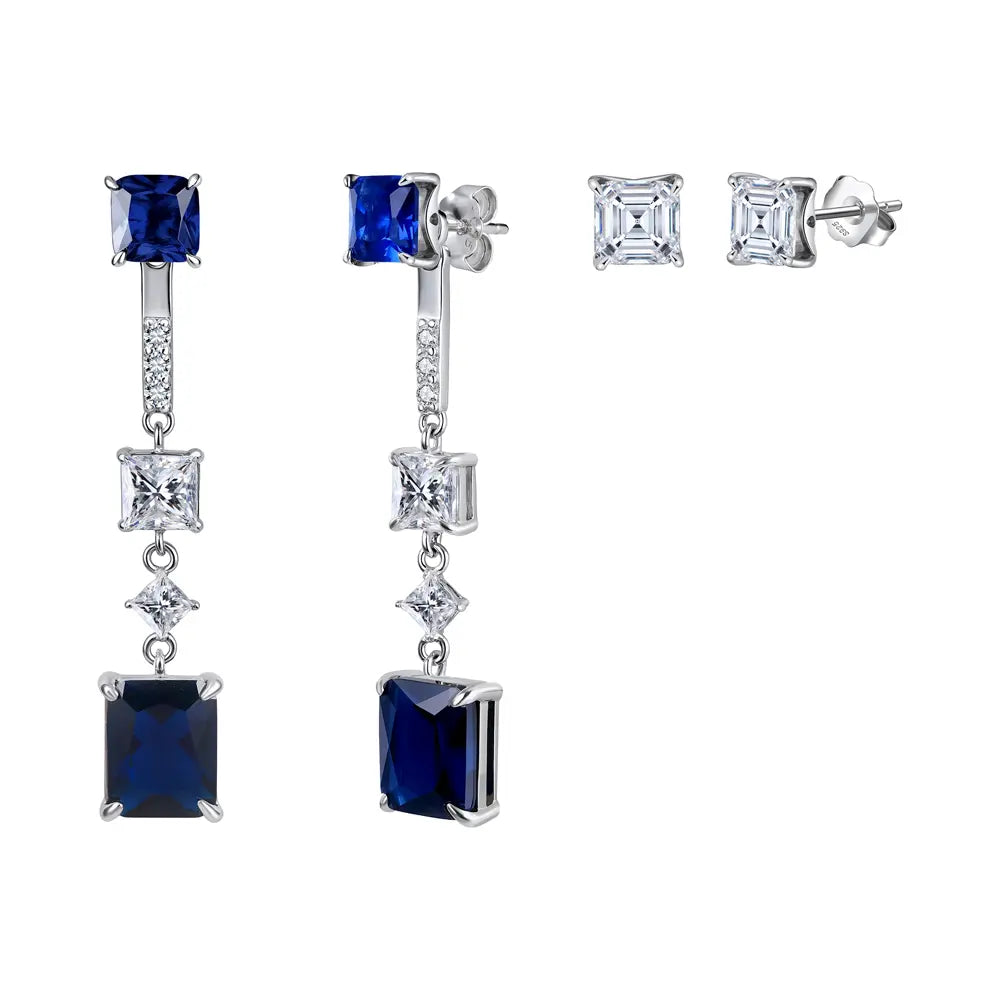 925 Silver Blue Duo Earrings shown as simple sapphire-blue studs for a minimalist daytime look.