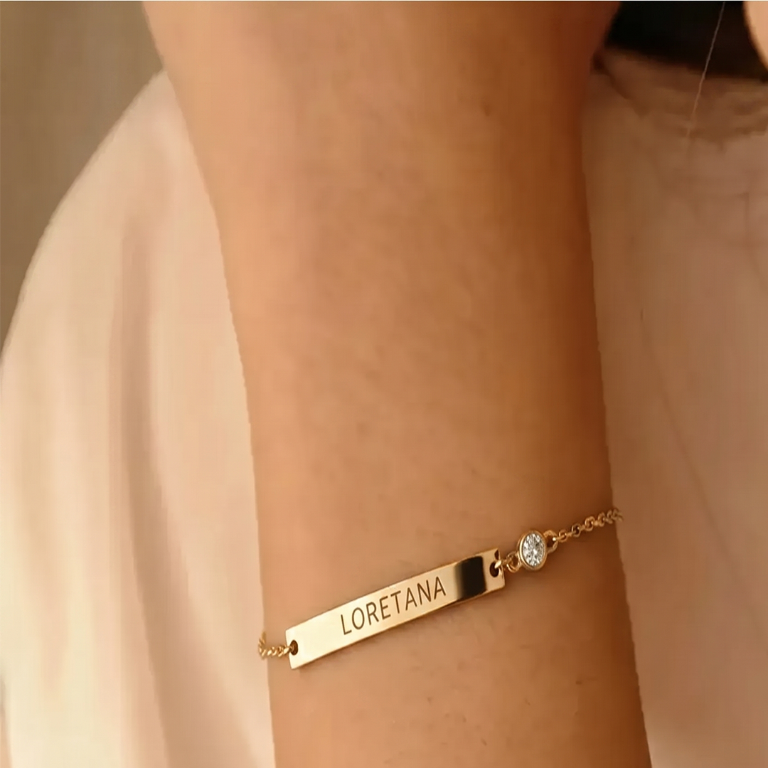 Engraved Curved Bar Bracelet · 925 Silver, 14K Gold Finish