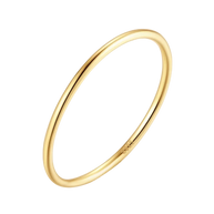 Woman's hand wearing stacked 14K gold-plated essential band rings in 925 sterling silver, hallmarked Loretana from Kaunas, layered stacking style.